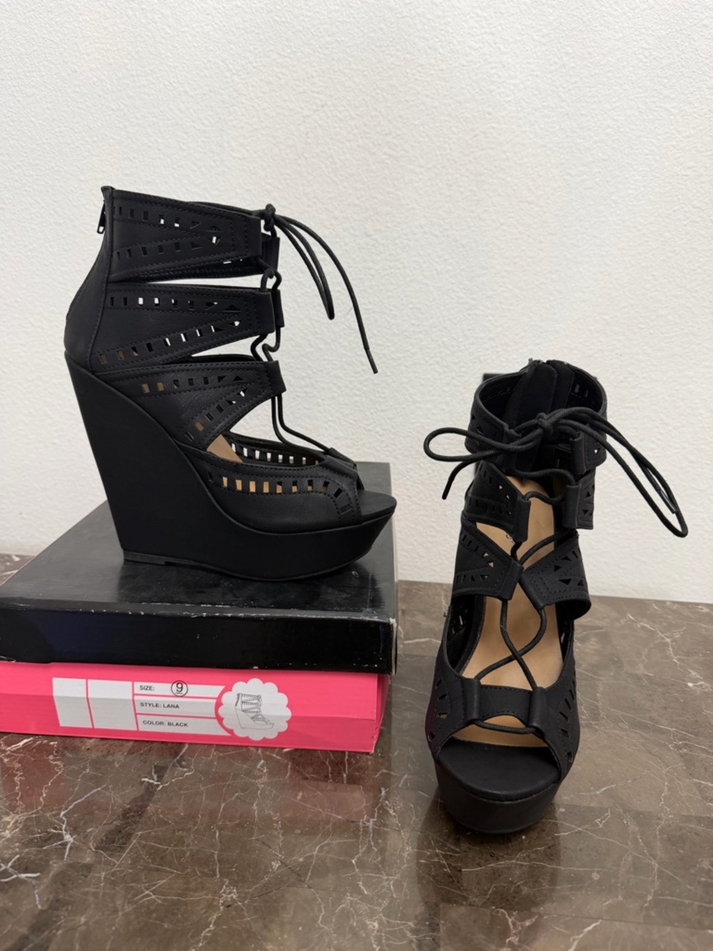 New! Lana Black Wedge Heels, Women’s Size 9